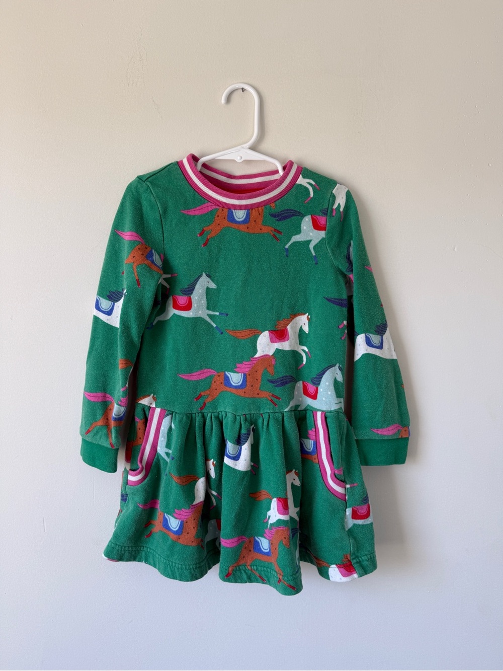 Mini Boden Green Horse Print Long Sleeve Dress with Pink Trim